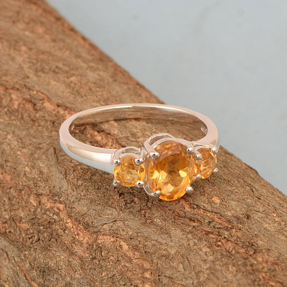 925 Sterling Silver Oval Cut Citrine Gemstone Three Stone Women Wedding Ring